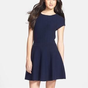 Trina Turk Cozumel Fit & Flare Sweater Dress Solid Navy Blue Ribbed Stretch